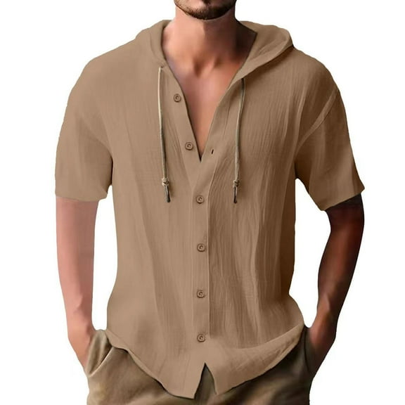ibuvkizy Men's Cotton Short Sleeve Hoodies Solid Color Button Down Shirts Casual Short Sleeve Shirts Summer Vacation Outdoor Shirts with Drawstring Brown S