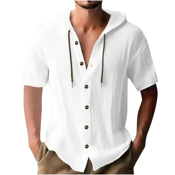 ibuvkizy Men's Cotton Short Sleeve Hoodies Solid Color Button Down T-Shirts Casual Short Sleeve Shirts Summer Vacation Outdoor Shirts with Drawstring White XL