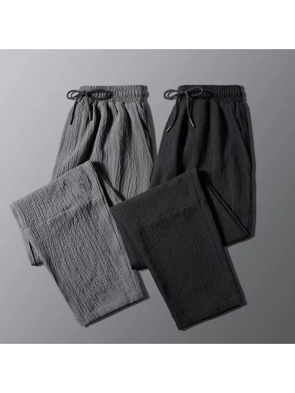 Men's Pants with Pockets Summer Casual Elastic Waist Drawstring Straight Breathable Trousers,Sizes M-5XL