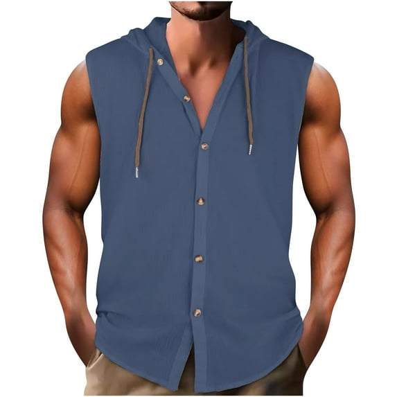 ibuvkizy Men's Workout Hooded Tank Tops Sports Sleeveless Gym Button Down Shirts Summer Casual Solid Color Hoodies Blouse Navy S