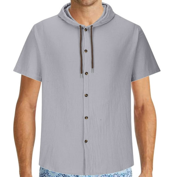 ibuvkizy Mens Button Down Short Sleeve Shirt with Hooded Summer Drawstring Lightweight Solid Color Hoodies Sweatshirt Casual Beach Shirts Tops Gray S