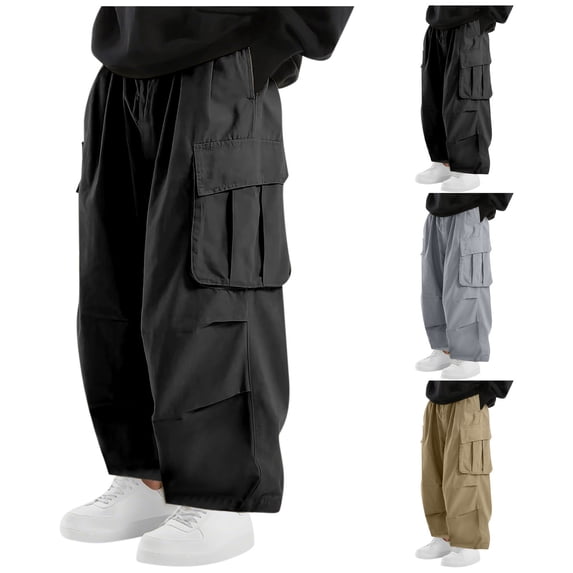 ibuvkizy Mens Cargo Pants with Drawstring Elastic Waist Loose High Elasticity Multi Pockets Straight Leg Work Pants Open Bottom,Sizes S-2XL