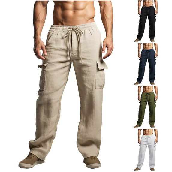 ibuvkizy Mens Cargo Pants with Multi Pockets Casual Fashion Solid Color Drawstring Elastic Waist Open Bottom Pants,Sizes S-3XL