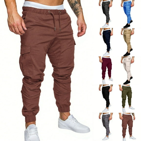 ibuvkizy Mens Cargo Pants with Multi Pockets Elastic Waist Drawstring Casual Solid Color Outdoor Tapered Sports Pants,Sizes 4XL