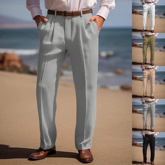 ibuvkizy Mens Dress Pants Straight Leg Pleat-Front Solid Casual Suit Pants Plain Multiple Zipper Button Pockets Outdoor Lounge Trouser Long,Sizes S-2XL