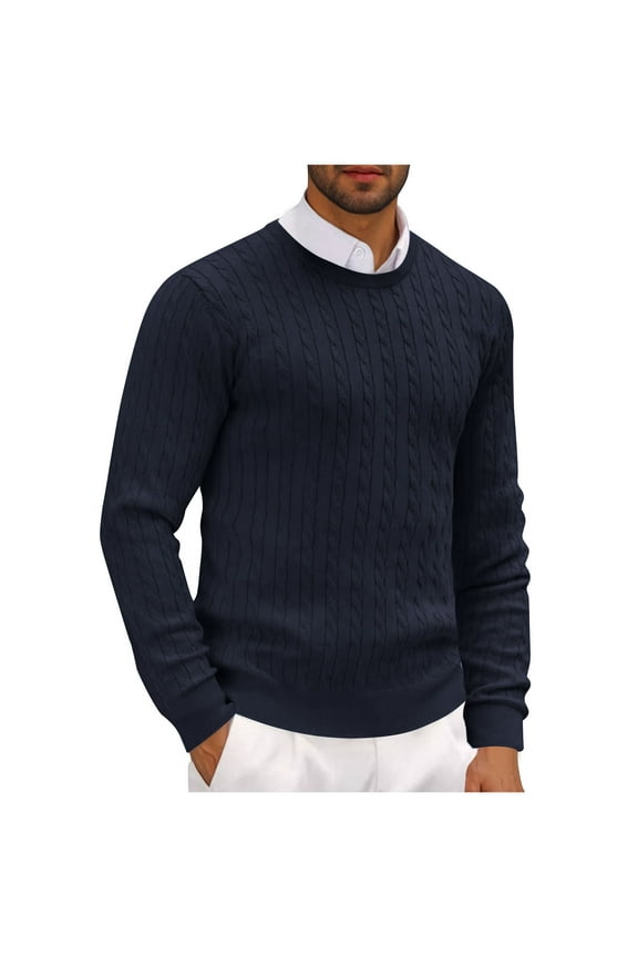 Mens Fall Winter Sweater Clearance!Men Casual Long Sleeve Round Neck Pullover Solid Knit Collar Tops Blouse Sweater Navy,M