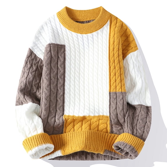 ibuvkizy Mens Fall Winter Sweater!Men's Knitwear Round Neck Elastic Pullover Assorted Colors Texture Trend Sweater Coat Khaki,XXXL