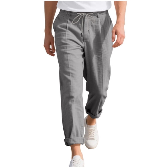 ibuvkizy Mens Linen Pants with Pockets Elastic Waist Drawstring Breathable Fashion Loose Casual Solid Color Summer Tightness Waist Broad Legs Long Pants,Sizes S-3XL