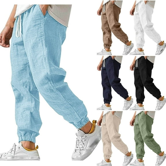 ibuvkizy Mens Linen Pants with Pockets Elastic Waist Drawstring Casual Solid Color Summer Beach Ankle-Bind Tapered Trousers,Sizes S-3XL