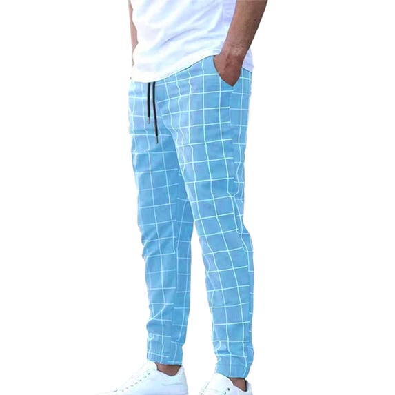 ibuvkizy Mens Pants with Pockets Drawstring Casual Fashion Sport Check Elastic Waist Trousers,Sizes S-3XL