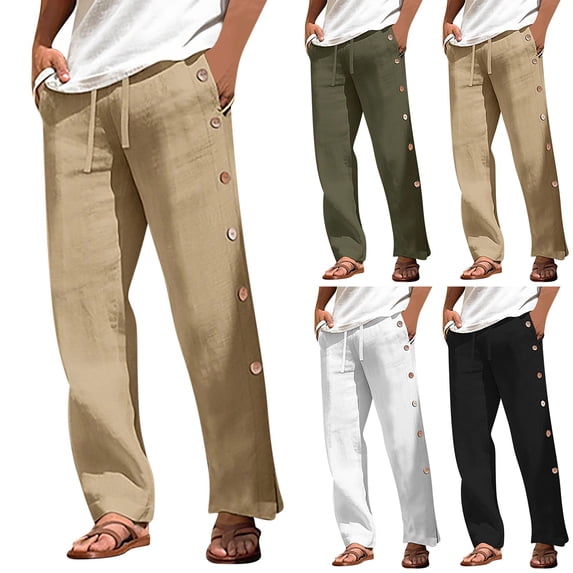 ibuvkizy Mens Pants with Pockets Drawstring Elastic Waist Solid Color Sports Loose Loose Beach Casual Pants,Sizes S-2XL