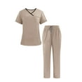 thumbnail image 1 of ibuvkizy Mens Scrubs Sets Solid Color V-neck Short-sleeved Scrub Tops with 3 Pockets and Scrub Pants Elastic Waist with Pocket Drawstring,Quick-drying,Unisex,Sizes XS-2XL, 1 of 9
