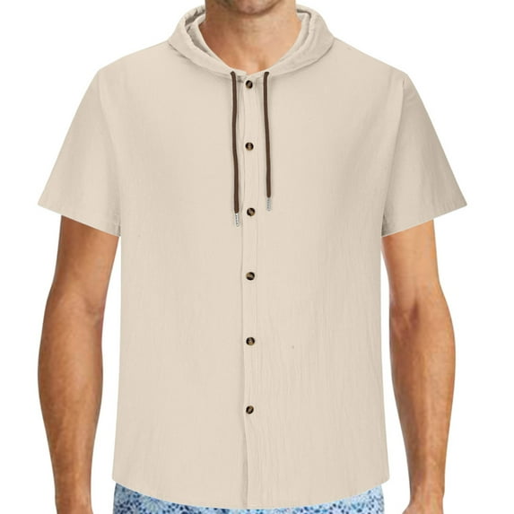 ibuvkizy Mens Short Sleeve Dress Shirt Summer Cotton Button Down Shirts with Hooded,Drawstring Lightweight Solid Color Hoodies Sweatshirt Casual Beach Shirts Tops Khaki XL