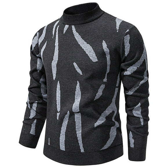 ibuvkizy Mens Sweater!Men's Fall and Winter British Semi High Neck Plus Thick Velvet Knitted Sweater Printed Sweater Base Sweater Dark Gray,XL