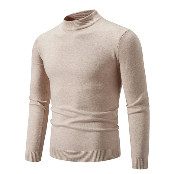 ibuvkizy Mens Sweater!Men's Knitwear Mock Turtleneck Vintage Round Neck Solid Color Elastic Pullover Fleecing Trend Sweater Beige,M