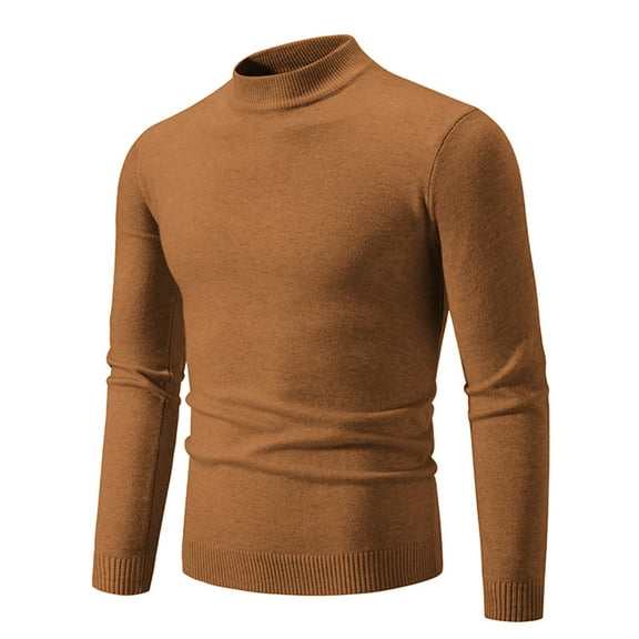 ibuvkizy Mens Sweater!Men's Knitwear Mock Turtleneck Vintage Round Neck Solid Color Elastic Pullover Fleecing Trend Sweater Brown,XXL