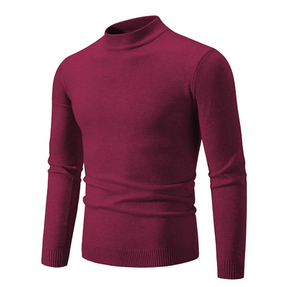 ibuvkizy Mens Sweater!Men's Knitwear Mock Turtleneck Vintage Round Neck Solid Color Elastic Pullover Fleecing Trend Sweater Wine,L