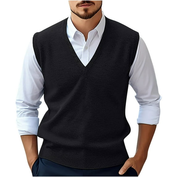 ibuvkizy Mens Sweater Vests Fall Winter!Men's Wool Casual Solid Color V-Neck Sleeveless Sweater Pullover Four Seasons Black,XXL