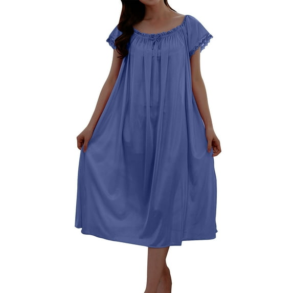 ibuvkizy Nightgowns for Women Clearance Casual Women's House Dress Loose Solid Color Short Sleeve Nightshirt Soft Round Neck Pajama Dress Blue Free Size
