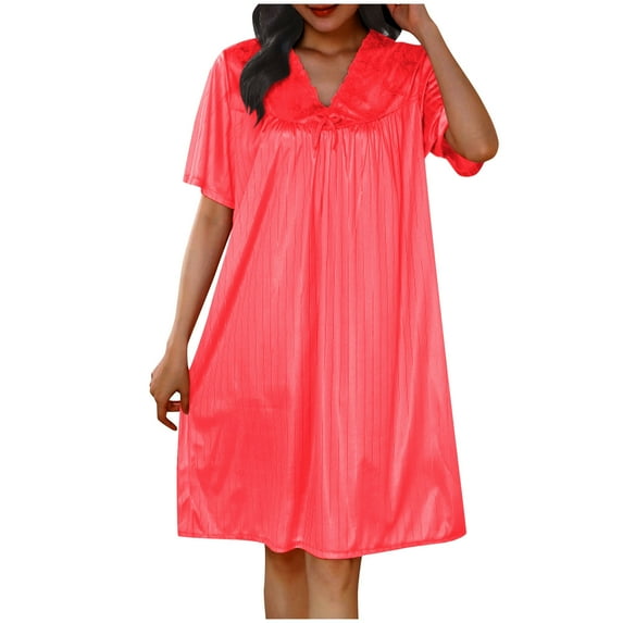 ibuvkizy Nightgowns for Women Clearance Casual Women's House Dress Loose Solid Color Short Sleeve Nightshirt Soft Round Neck Pajama Dress Red Free Size