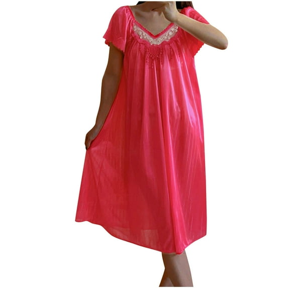 ibuvkizy Nightgowns for Women Casual Women's House Dress Loose Solid Color Short Sleeve Nightshirt Soft V-Neck Pajama Dress Hot Pink Free Size