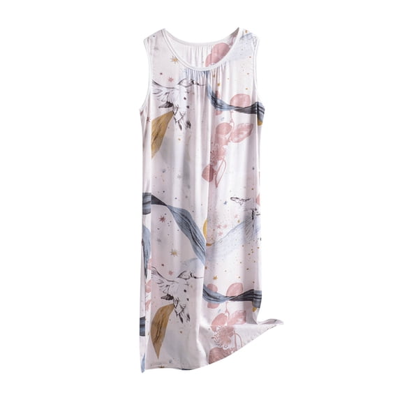 ibuvkizy Nightgowns for Women Pajama Dress with Built in Bras Pads Nightshirt Dress Women's Fashion Casual Print Round Neck Sleepwear Sleeveless Nightdress White XXXXXXL