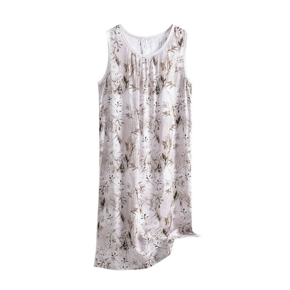 ibuvkizy Nightgowns for Women Clearance Pajama Dress with Built in Bras Pads Nightshirt Dress Women's Fashion Casual Print Round Neck Sleepwear Sleeveless Nightdress Beige XXXL