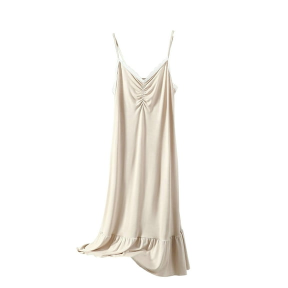 ibuvkizy Nightgowns for Women Summer Nightgowns Casual Round Neck Sleeveless Sleepshirts Loose Solid Pleated Soft Nightshirt Sleepwear Dress Beige XXL
