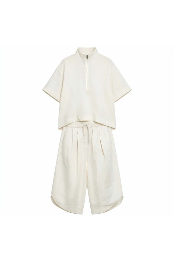 Outfits Sets for Women Summer 2 Piece Linen Blend Half Zip Stand Collar Short Sleeve Loose Tops & Drawstring High Waist Pleated Wide Leg Capri Culotte Pants with Pockets,Casual Office Travel