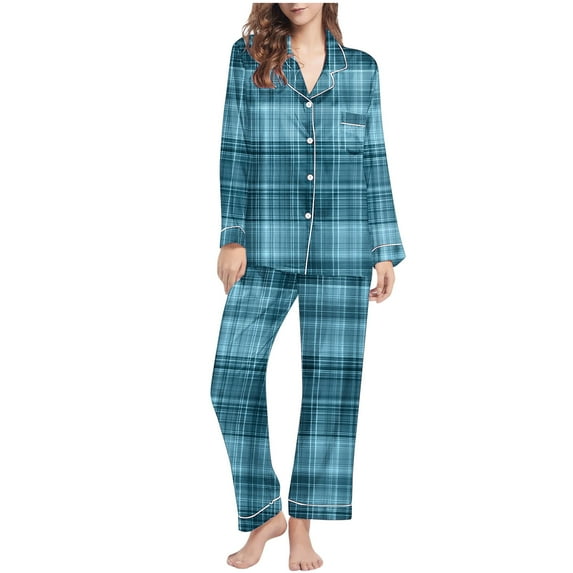 ibuvkizy Pajamas for Women Set,Ladies' Casual Fashion Christmas Printed Long Sleeved Lapel Set Casual Top Pants Pajama Set Blue,M