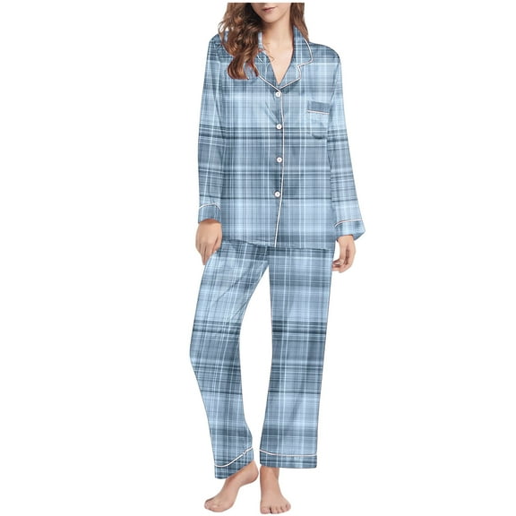 ibuvkizy Pajamas for Women Set,Ladies' Casual Fashion Christmas Printed Long Sleeved Lapel Set Casual Top Pants Pajama Set Light Blue,M