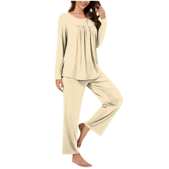 ibuvkizy Pajamas for Women Set,Women Fashionable and Casual Loose Printed Round Neck Button Up Long Sleeved Pants Pajama Set Khaki,M