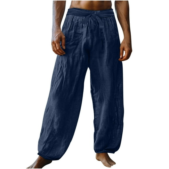ibuvkizy Pants for Men with Pockets Casual Loose Baggy Solid Color Imitation Linen Wide Leg with Belt Pants,Sizes S-2XL