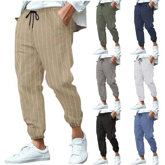 ibuvkizy Pants for Men with Pockets Drawstring Elastic Waist Casual Striped Printed Breathable Tapered Ankle Pants,Sizes S-3XL
