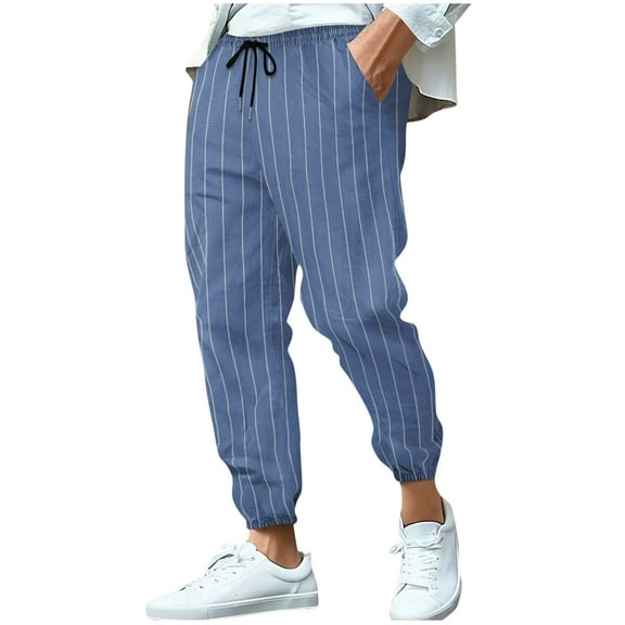 ibuvkizy Pants for Men with Pockets Drawstring Elastic Waist Casual Striped Printed Breathable Tapered Ankle Pants,Sizes S-3XL
