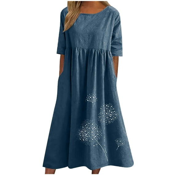 ibuvkizy Plus Size Cotton Linen Dresses for Women Fashion Solid Color Round Neck Short Sleeve Summer Midi Dress