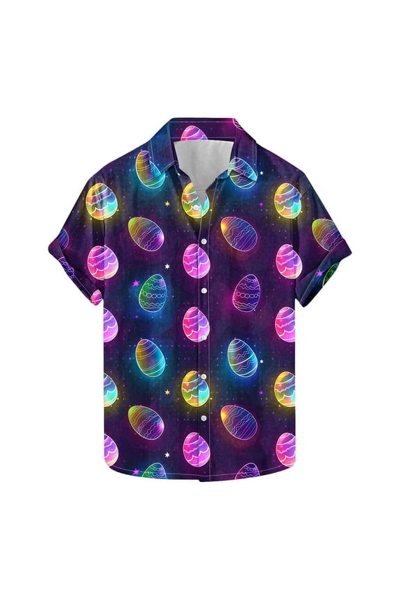 Short Sleeve Easter Eggs Shirts for Men Fashion Casual Easter Print Shirt Short Sleeve Short Sleeve Lapel Shirt Top Purple,XL