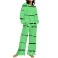thumbnail image 1 of ibuvkizy Striped Two Piece Sets for Women,Summer Women's Casual Shoulder Sleeved Long Sleeved Round Neck Top/Loose Straight Tube with Pocket Long Pants Set Green,L, 1 of 5