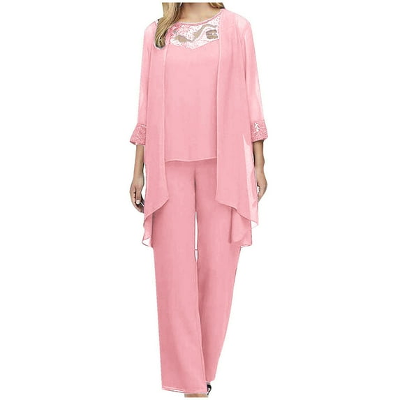 ibuvkizy Suit for Women Summer Casual Outfit Sets,Women Jogger Outfit Plus Size,Color Long Sleeved Round Neck Loose Lace Chiffon Pants Cape Three Piece Set Including Cardigan