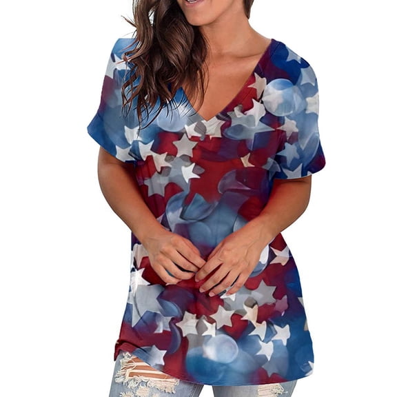 ibuvkizy Summer Independence Day Shirts for Women Fashion American Flag Tops Patriotic Crewneck Short Sleeve Print Tees,4th of July Shirt for Women Blue XXXL