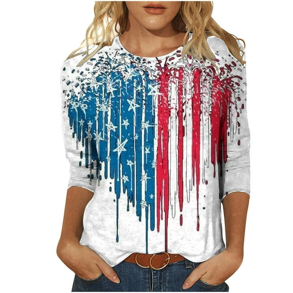 ibuvkizy Summer!Patriotic Shirts for Women Independence Day Blouses for Women Fashion American Flag Tops 3/4 Sleeve T-Shirts 4th of July 2025 Blouses Blue M