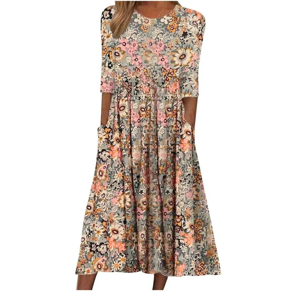 ibuvkizy Summer Dress for Women,Womens Fashion Casual Dress,Folding Floral Printed Round Neck Half Sleeve Loose Dress With Pocket,Gifts for Women