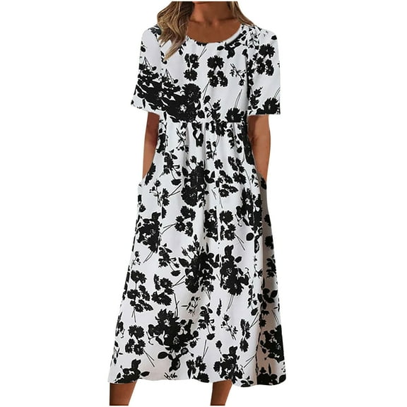 ibuvkizy Summer Dress for Women Fashion Casual Dress,Folding Floral Printed Round Neck Short Sleeve Loose Dress,Gifts for Women