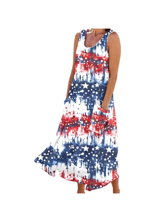 Summer Dresses for Women 2025,Plus Size 4th of July Dress,Women's Sleeveless Printed Pocket Long Dress,Womens Round Neck American Flag Sundress,Casual Beach Dress