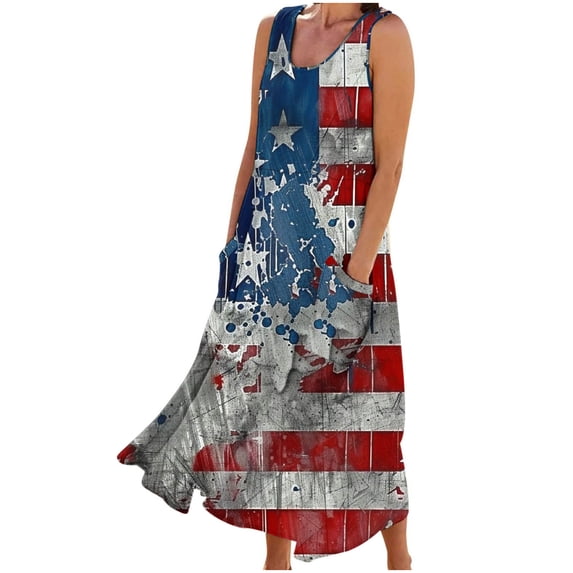 ibuvkizy Summer Dresses for Women 2024,Plus Size 4th of July Dress,Women's Sleeveless Printed Pocket Long Dress,Womens Round Neck American Flag Sundress,Casual Beach Dress Clearance