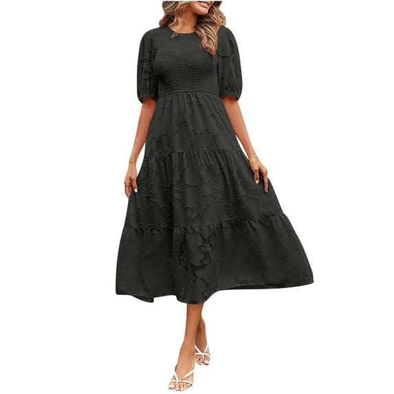 ibuvkizy Summer Dresses for Women Clearance Fashion Short Sleeve Evening Gowns Casual Solid Round Neck Waisted Layer Chiffon Party Holiday Dress With Belt