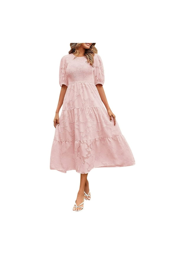 Summer Dresses for Women Fashion Short Sleeve Evening Gowns Casual Solid Round Neck Waisted Layer Chiffon Party Holiday Dress With Belt