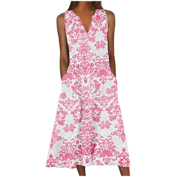ibuvkizy Summer Dresses for Women Plus Size Summer Dresses,New Women's V-neck Button Button Sleeveless Printed Long Dress,Holiday Party Beach Dress,Gifts for Women