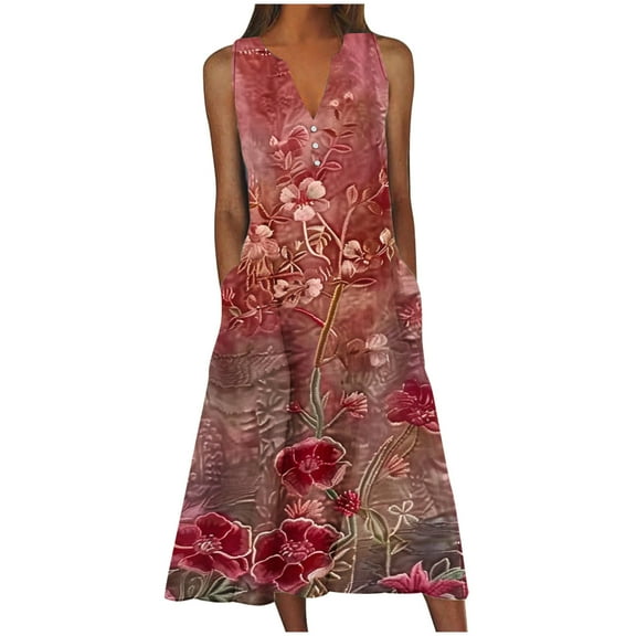 ibuvkizy Summer Dresses for Women Plus Size Summer Dresses,New Women's V-neck Button Button Sleeveless Printed Long Dress,Holiday Party Beach Dress,Gifts for Women
