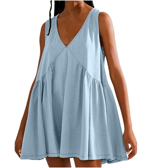 ibuvkizy Summer Dresses for Women Plus Size,Women Casual Loose Solid Pocket Pleated Sleeveeless V-Neck Dress,Holiday Party Beach Dress,Gifts for Women